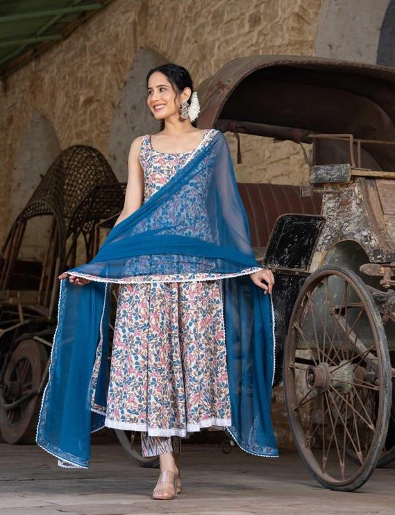 Floral printed sleeveless Anarkali suit with matching pants and sheer blue dupatta — perfect budget-friendly wedding guest outfit under 1500 for haldi, mehendi, and festive occasions.